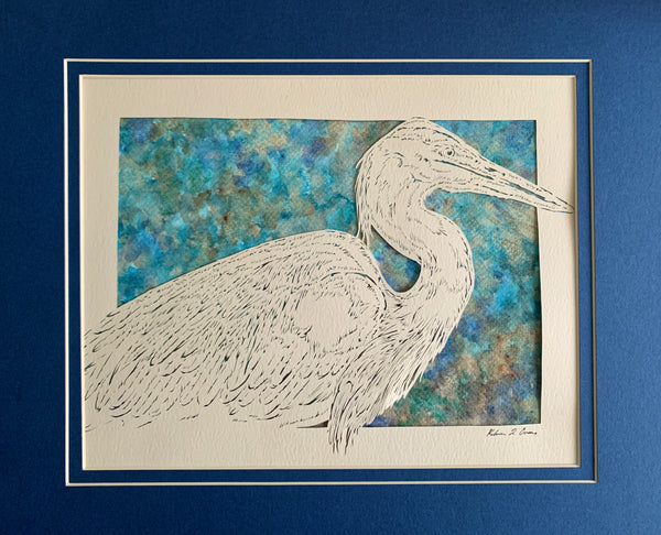 Great Blue Heron Cut Paper Art, Matted