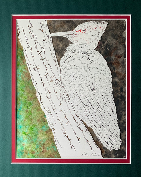 Woodpecker Cut Paper Art, Matted