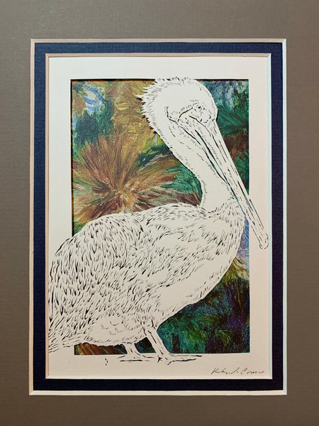 Pelican Cut Paper Art, Matted